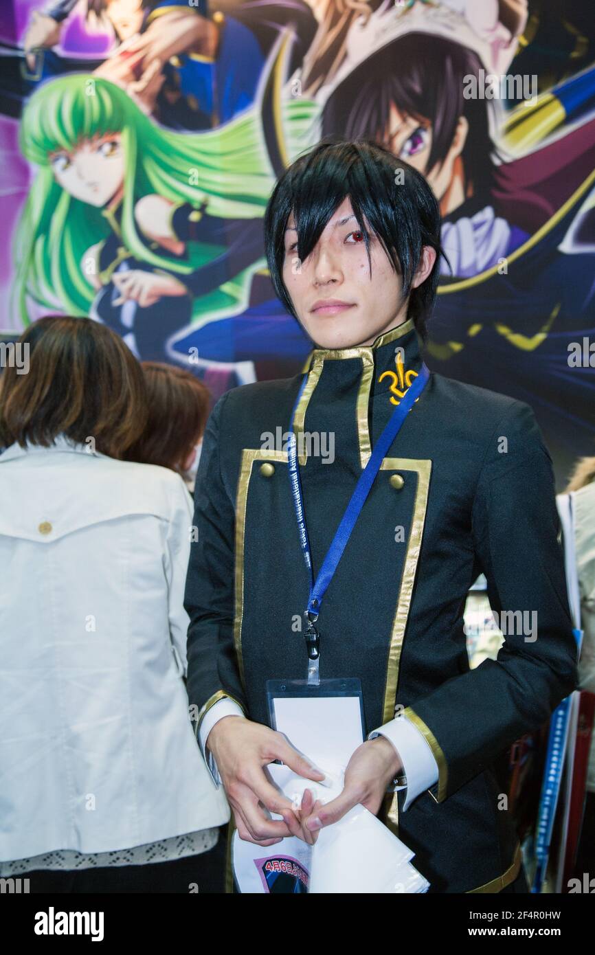 Handsome Japanese male dressed as character from anime/manga series poses at Tokyo International Anime Fair, Japan Stock Photo