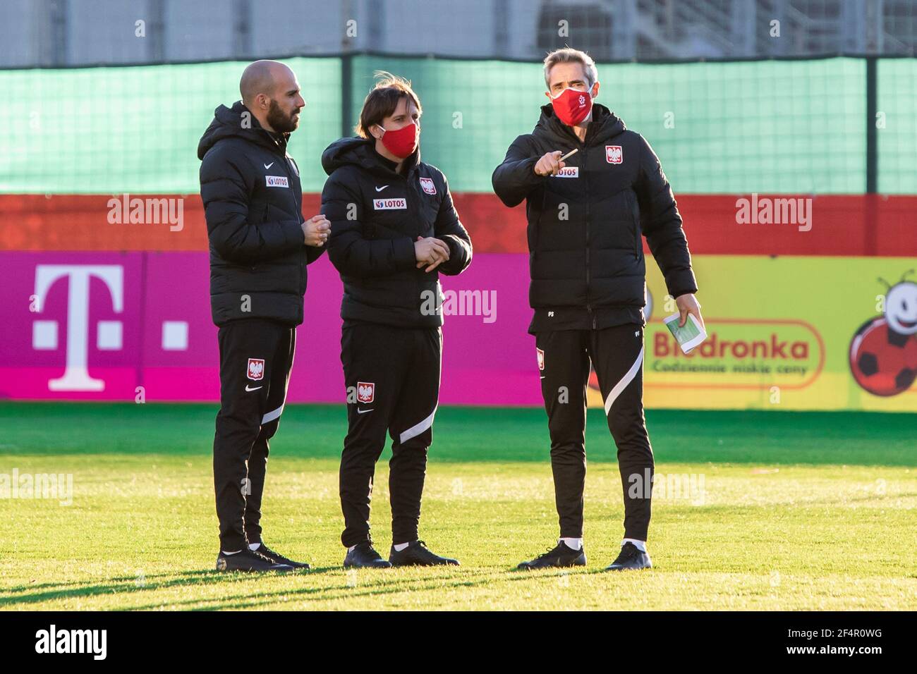 Warsaw, Poland. 22nd Mar, 2021. Manuel Cordeiro (L) assistant of coach, Victor Sanchez Llado (C) assistant of coach and Paulo Sousa (R) coach of Poland are seen during the first official training session of the Polish national football team in 2021. (Photo by Mikolaj Barbanell/SOPA Images/Sipa USA) Credit: Sipa USA/Alamy Live News Stock Photo