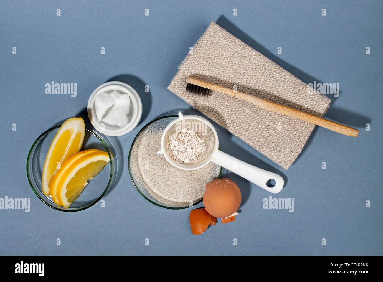 Ingredients for organic eggshells toothpaste. Zero waste concept. DIY ...