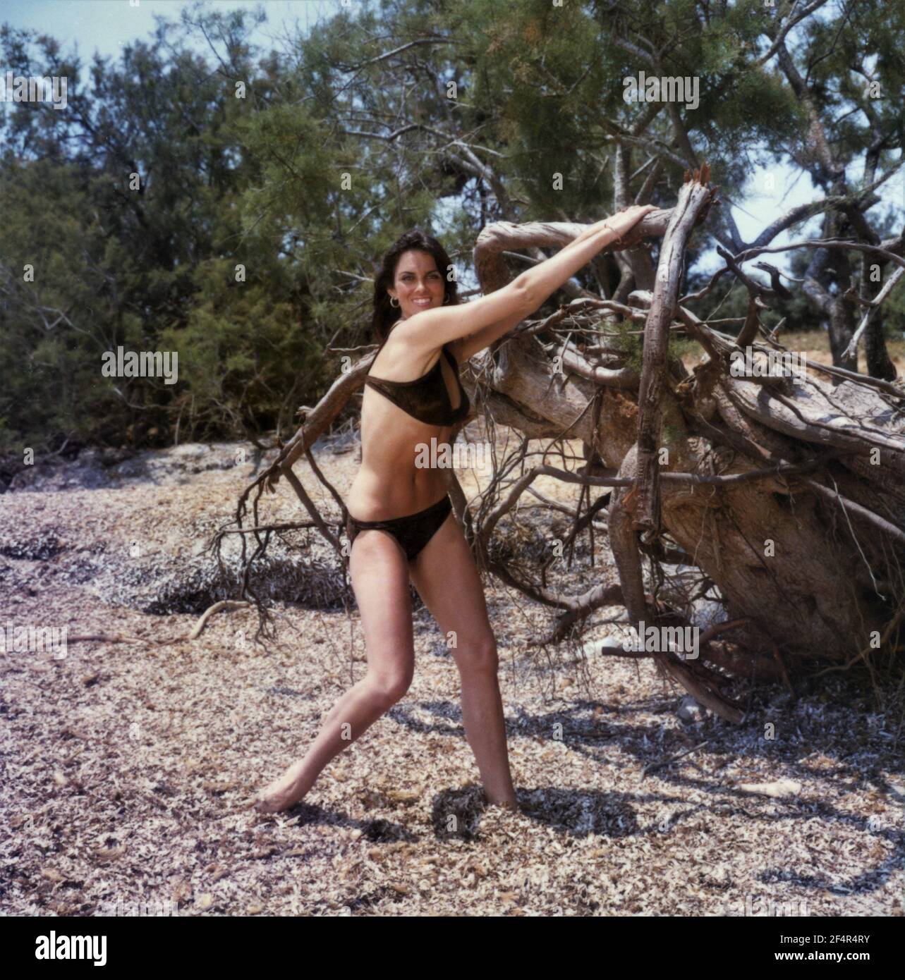 CAROLINE MUNRO Bikini Pin Up Portrait on location during filming of THE GOLDEN VOYAGE OF SINBAD 1973 director STUART HESSLER producers Ray Harryhausen and Charles H. Schneer  Ameran Films / Morningside Productions / Columbia Pictures Stock Photo