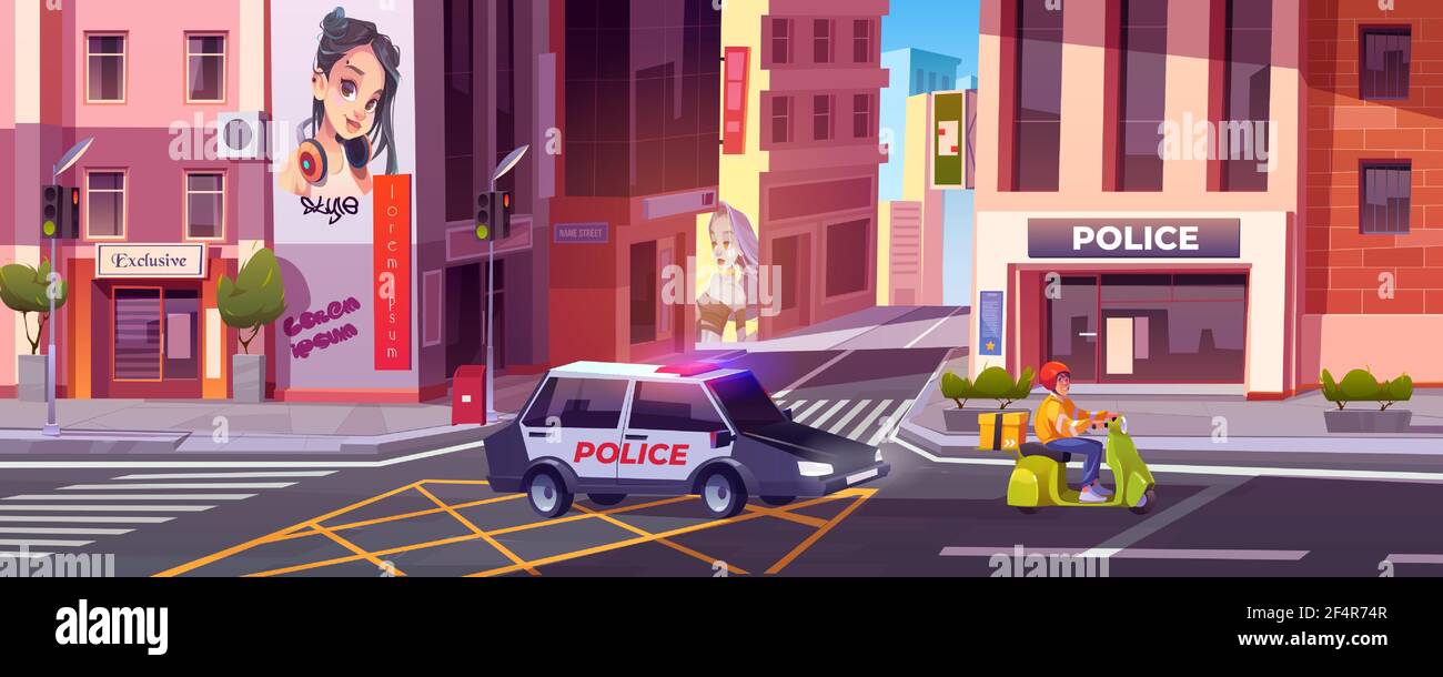 Police patrol chase courier ride scooter on street Stock Vector