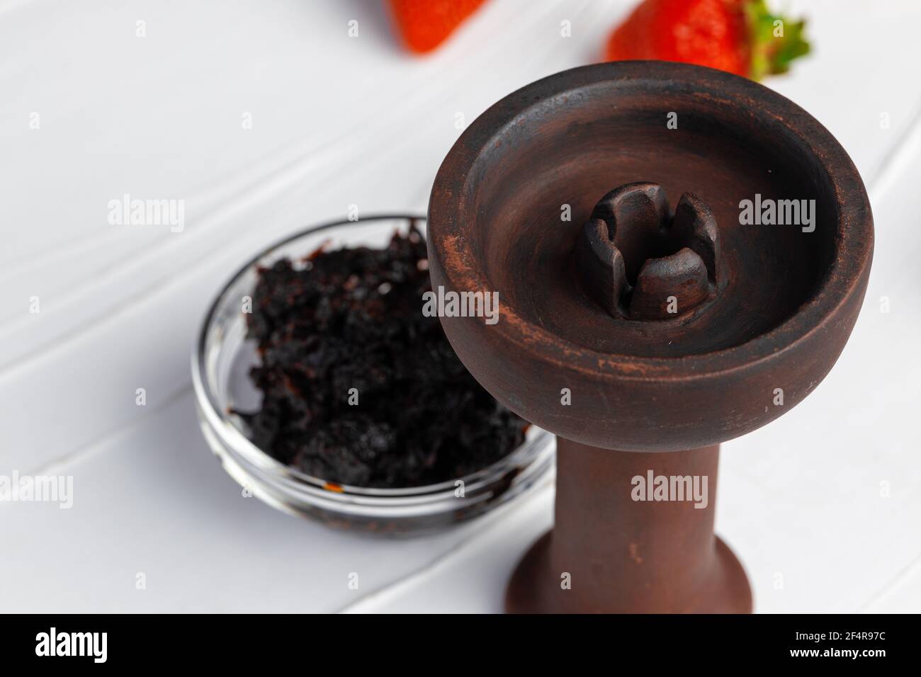 Empty hookah shaft close up on table with fresh fruit Stock Photo