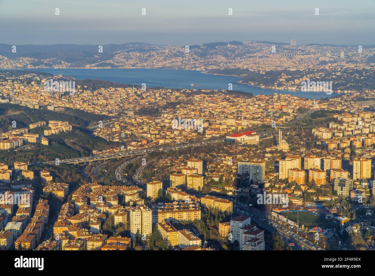 Istanbul, Turkey - February 22, 2021 - panoramic aerial sunset view of the skyline of the European side of  seen from Istanbul Sapphire in Levent Stock Photo