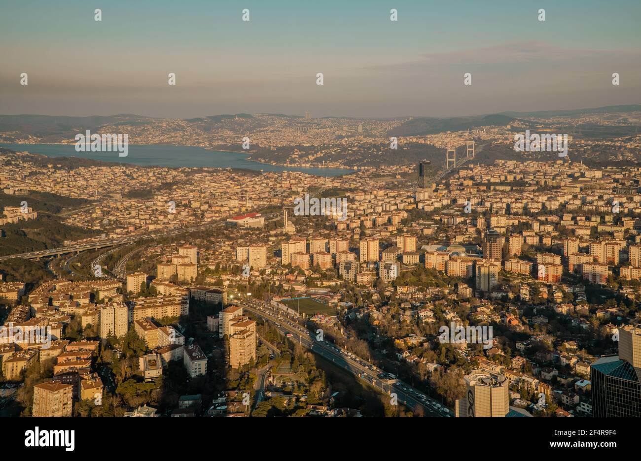 Istanbul, Turkey - February 22, 2021 - panoramic aerial sunset view of the skyline of the European side of  seen from Istanbul Sapphire in Levent Stock Photo