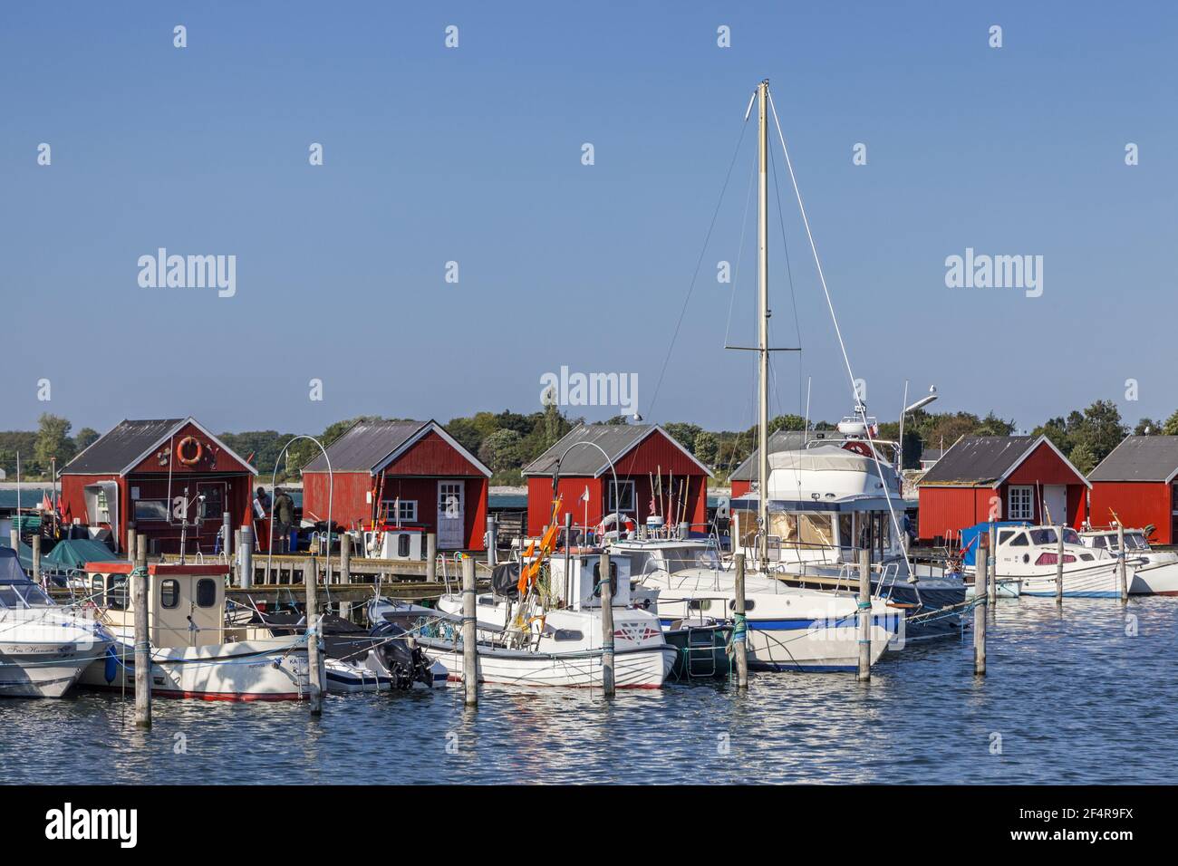 geography / travel, Denmark, isle Zealand, isle Zealand, red boat sheds at harbour of Rodvig, isle Zea, Additional-Rights-Clearance-Info-Not-Available Stock Photo