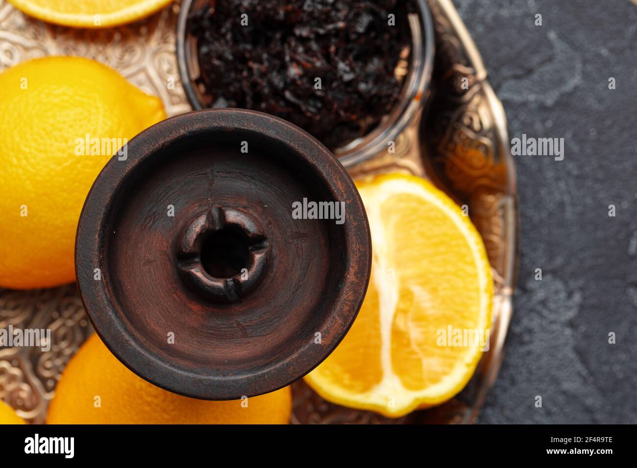 Empty hookah shaft close up on table with fresh fruit Stock Photo