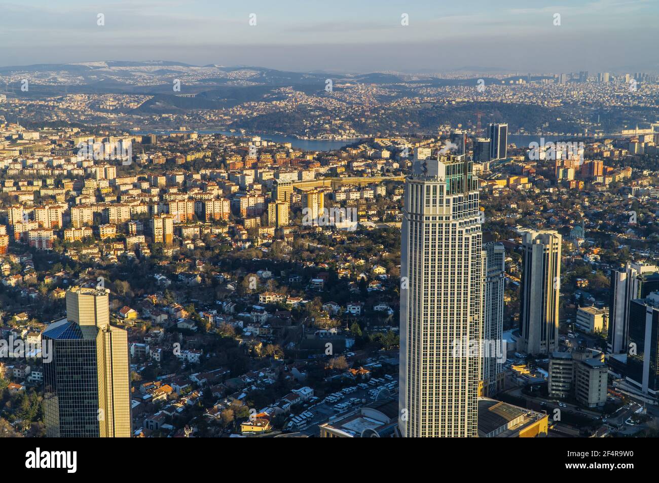 Istanbul, Turkey - February 22, 2021 - panoramic aerial sunset view of the skyline of the European side of  seen from Istanbul Sapphire in Levent Stock Photo