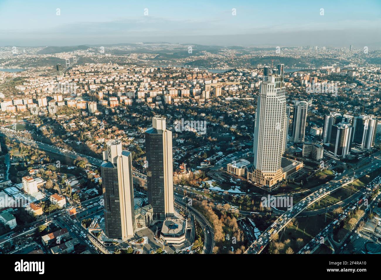 Istanbul, Turkey - February 22, 2021 - panoramic aerial sunset view of the skyline of the European side of  seen from Istanbul Sapphire in Levent Stock Photo