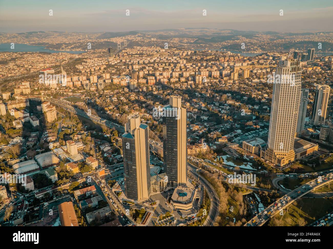 Istanbul, Turkey - February 22, 2021 - panoramic aerial sunset view of the skyline of the European side of  seen from Istanbul Sapphire in Levent Stock Photo