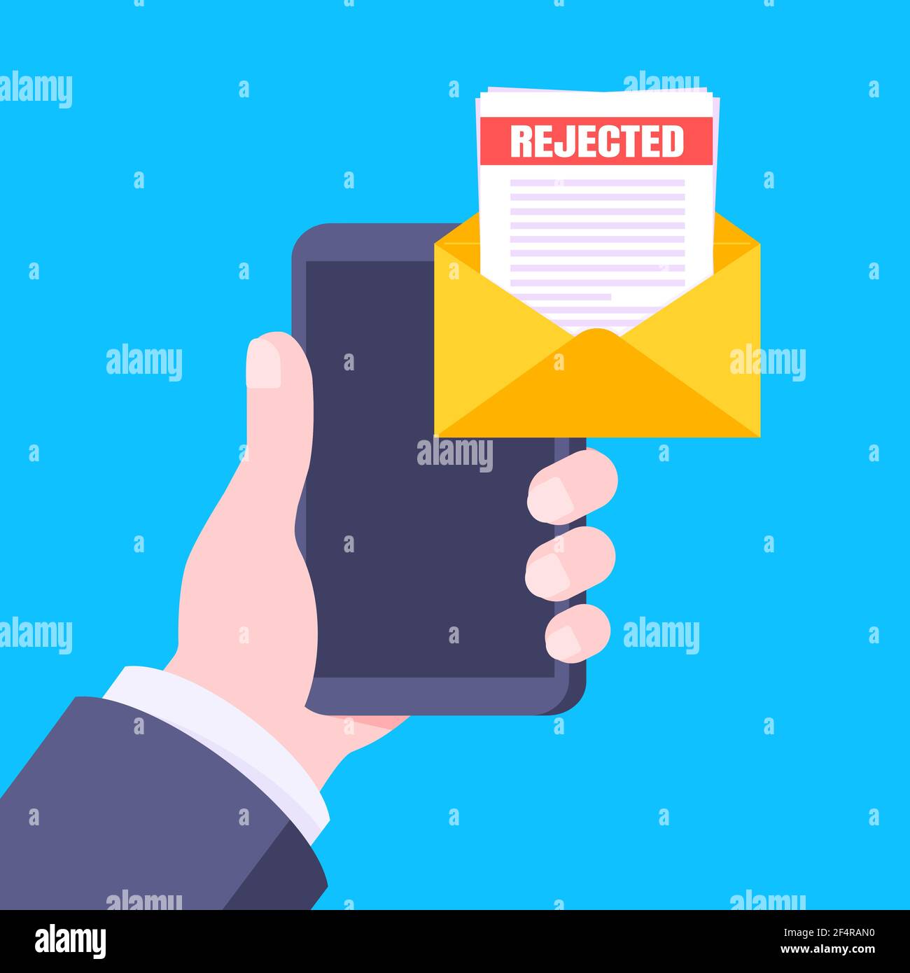 College or university reject letter with hand holds smartphone, open envelope document email. Job employment, college acceptance success or business e Stock Vector