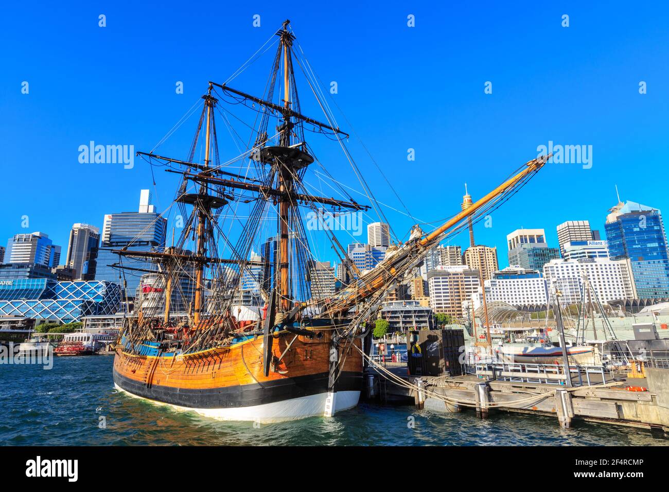 A replica of Captain Cook's famous ship, the 18th century bark HMS Endeavour, in Darling Harbour, Sydney, Australia Stock Photo