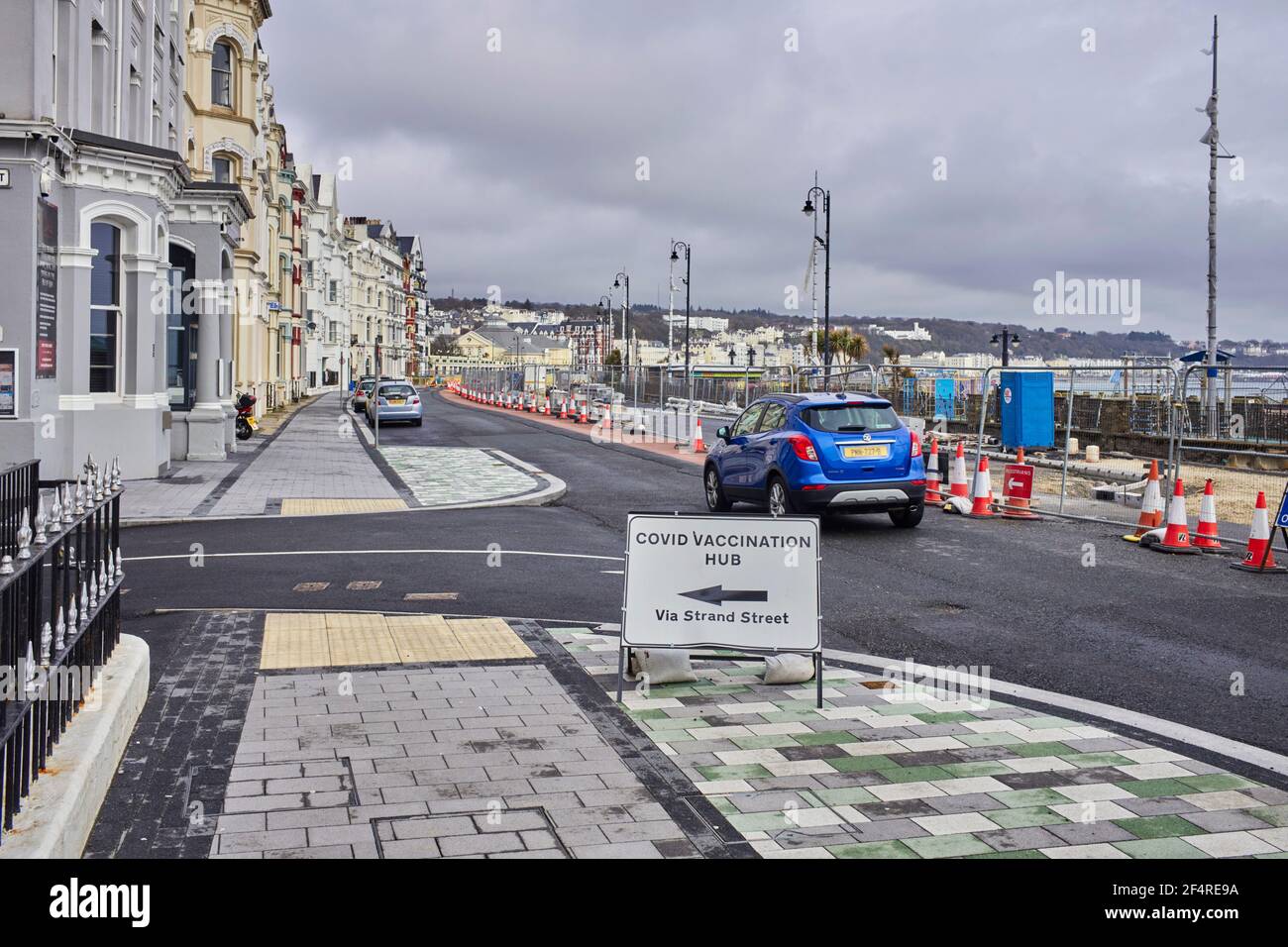 Signage on main prom to Vaccination Centre in Douglas, Isle of Man Stock Photo