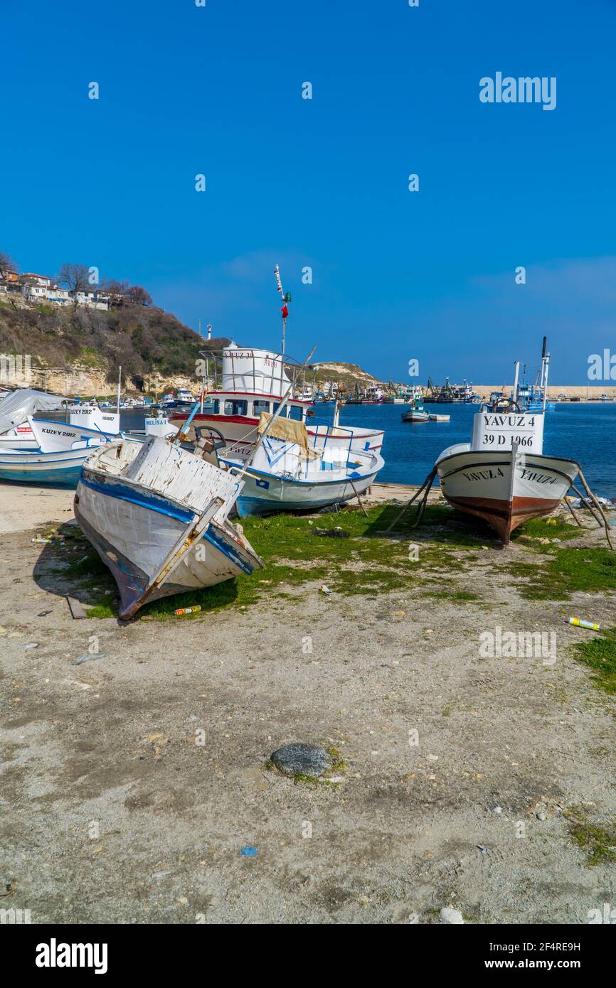 Kiyikoy, Turkey - February 25, 2021 - old fishing boats in the Black Sea port town of Kiyikoy in Northwestern Turkey Stock Photo