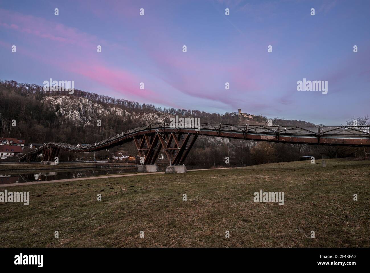 Tatzelwurm bridge near Markt Essing at blue hour after sunset with pink clouds in blue sky, Germany Stock Photo