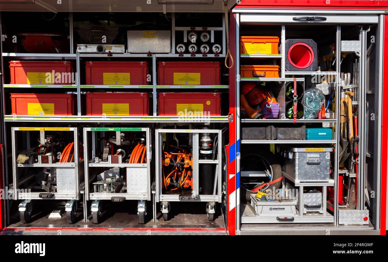 Fire truck interior equipment view. Rotterdam, The Netherlands - September 8, 2019 Stock Photo