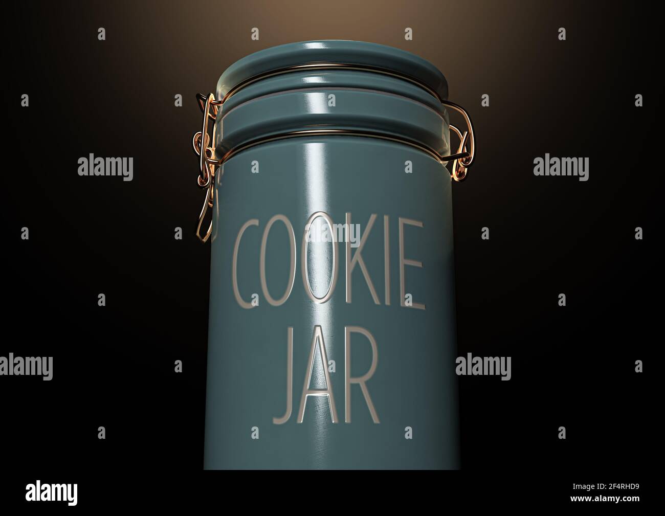 A concept showing a blue ceramic cookie jar with a gold wire closing mechanisms on dark spotlit studio background - 3D render Stock Photo