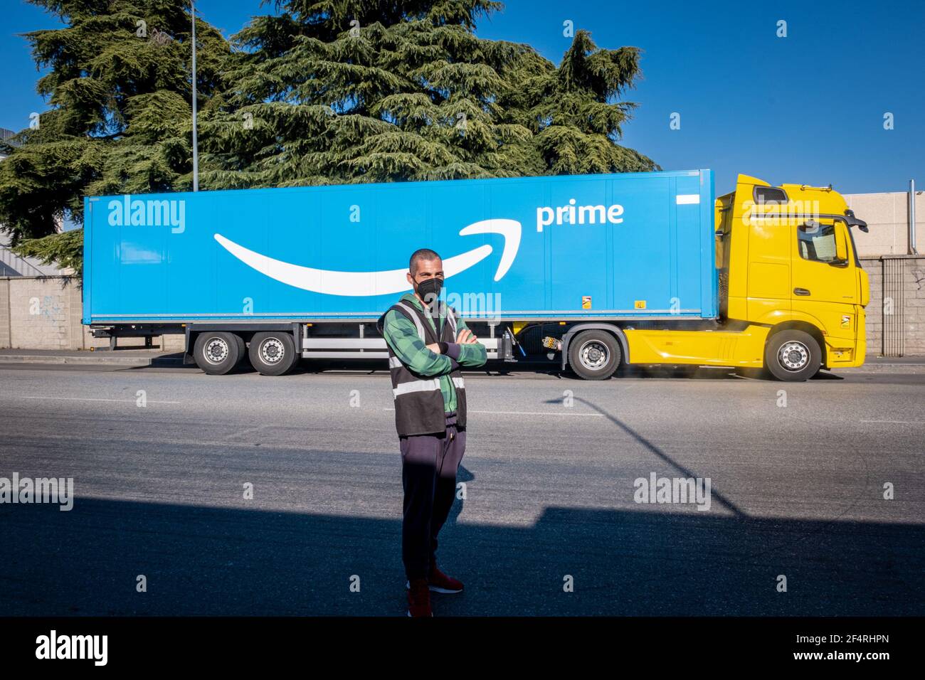 Milan Italy 22nd Mar 21 Milan Amazon Logistics Workers Strike A Driver Crosses His Arms In Front Of An Amazon Prime Truck Amazon Headquarters Via Toffetti Editorial Usage Only Credit Independent