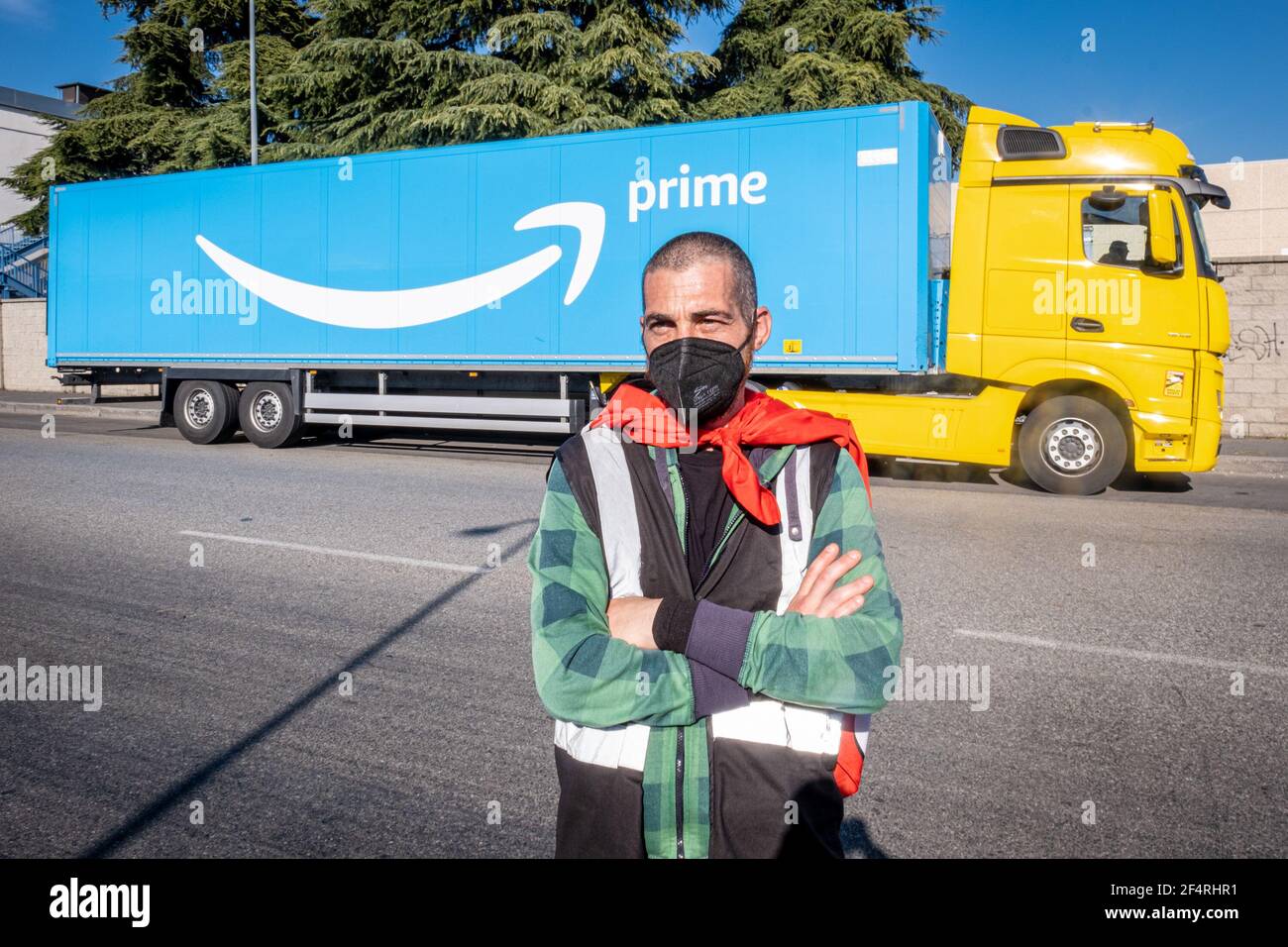 Milan Italy 22nd Mar 21 Milan Amazon Logistics Workers Strike A Driver Crosses His Arms In Front Of An Amazon Prime Truck Amazon Headquarters Via Toffetti Editorial Usage Only Credit Independent