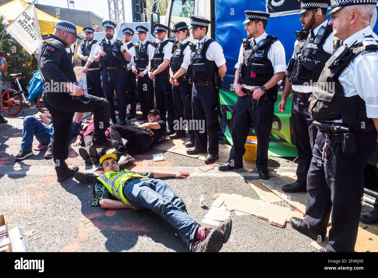 London, UK. 20th April 2019. Waterloo bridge has been blocked by climate change campaigners from Extinction Rebellion for six days. During that time, they have created a Garden bridge used for International Rebellion activities to demand urgent action to combat climate change by the British government Stock Photo