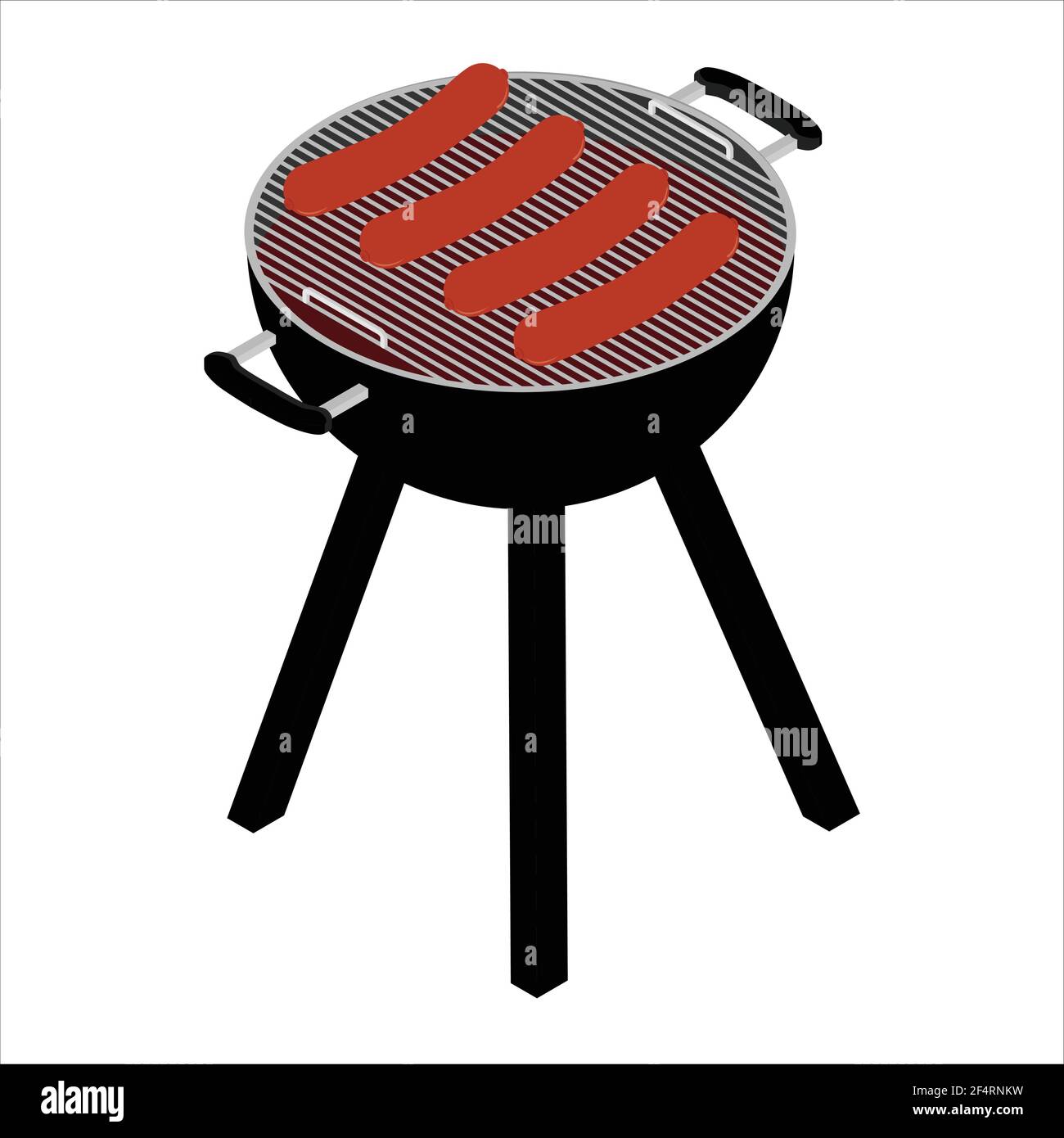 Grilled sausages over the coals on a barbecue grill isolated on white ...