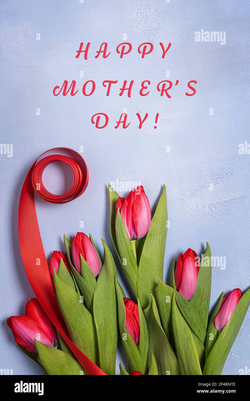 Greeting card with red Hapy Mothers Day text and spring flowers ...