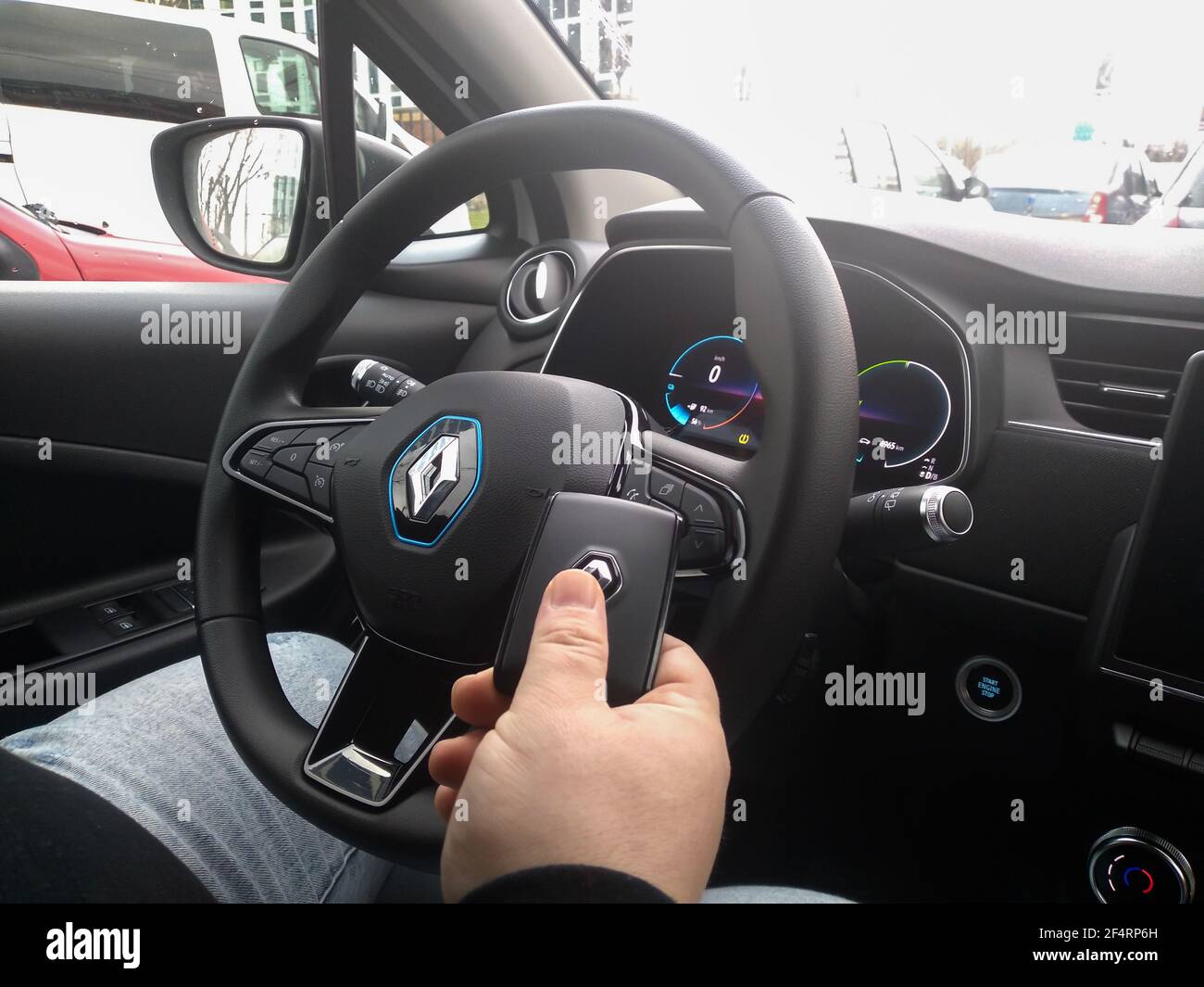 New Renault Zoe electric car interior. Steering wheel with control