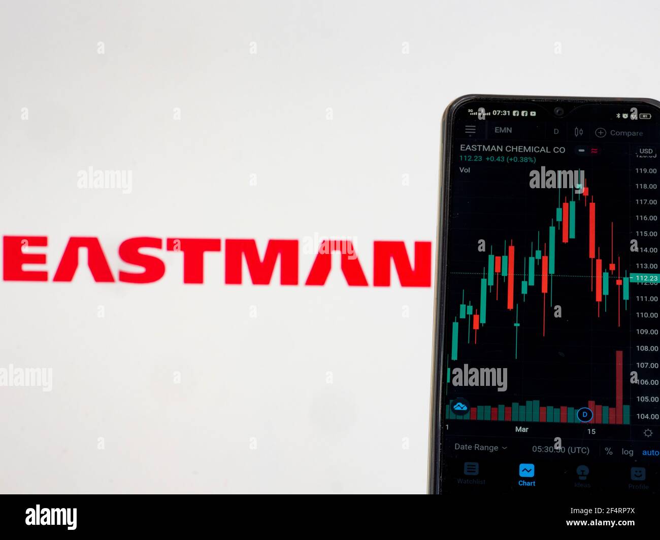 In this photo illustration the stock market information of Eastman Chemical Company seen displayed on a smartphone with the Eastman Chemical Company logo in the background. Stock Photo