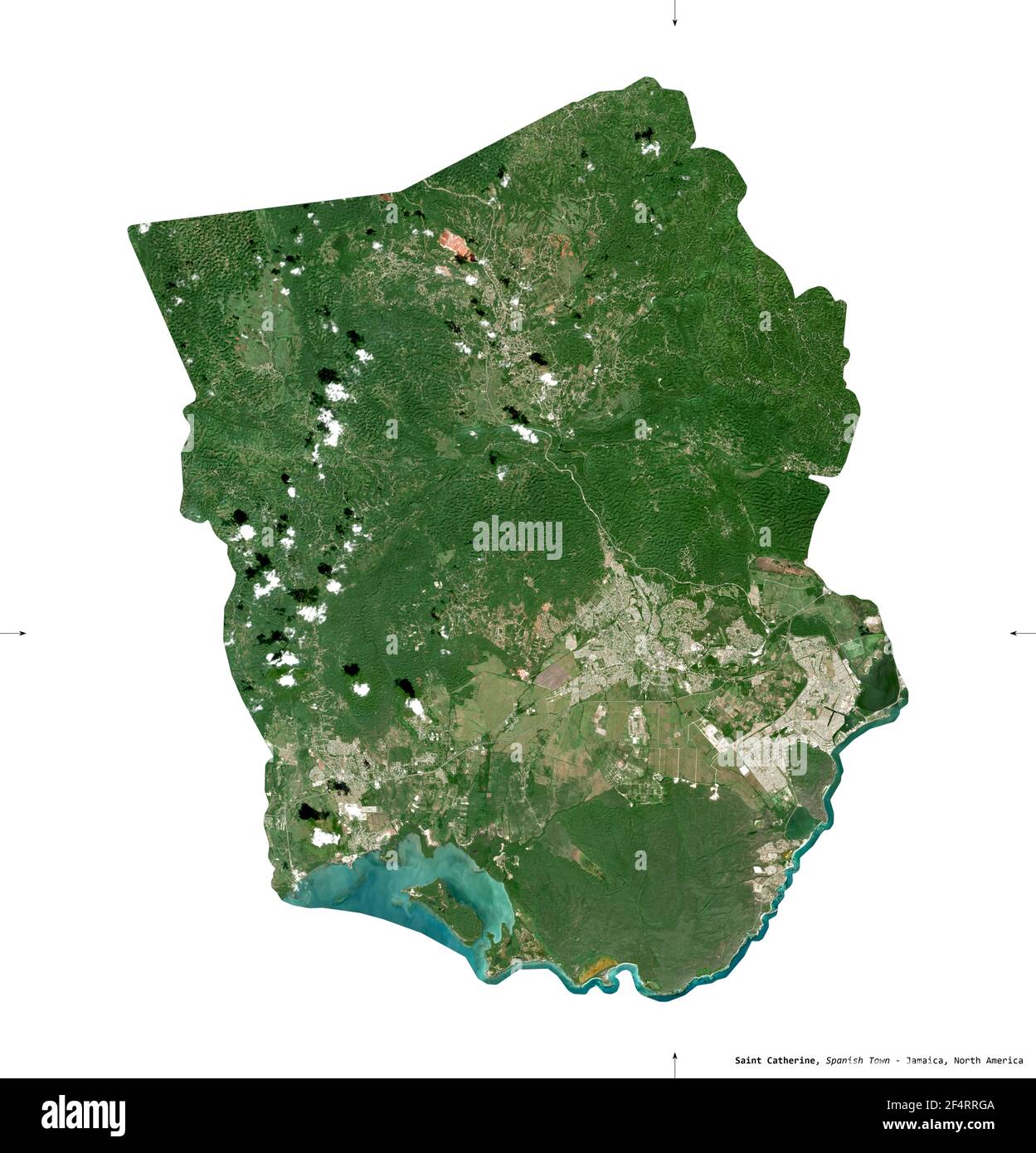 Saint Catherine, parish of Jamaica. Sentinel2 satellite imagery. Shape isolated on white