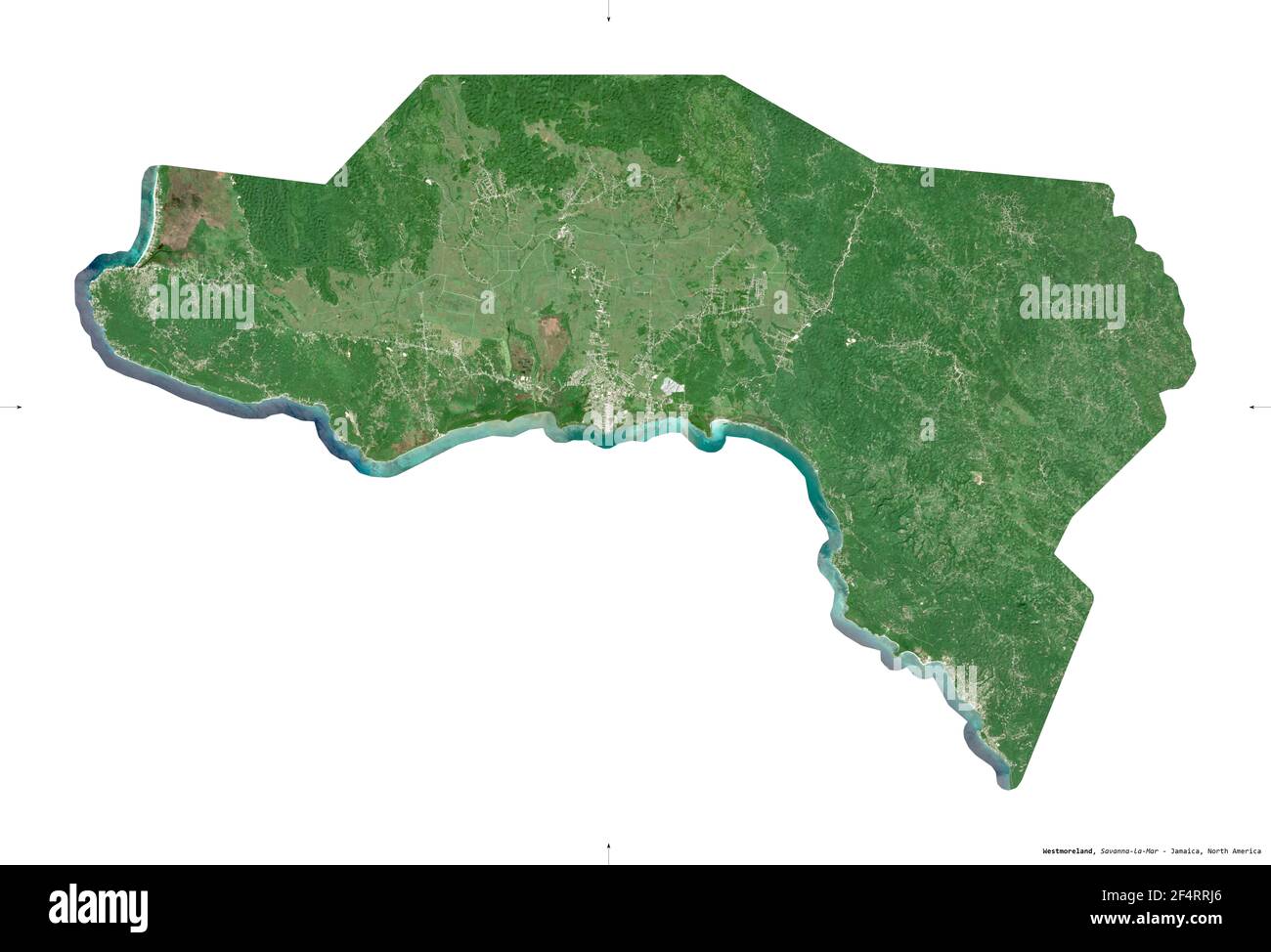 Westmoreland, parish of Jamaica. Sentinel-2 satellite imagery. Shape isolated on white. Description, location of the capital. Contains modified Copern Stock Photo