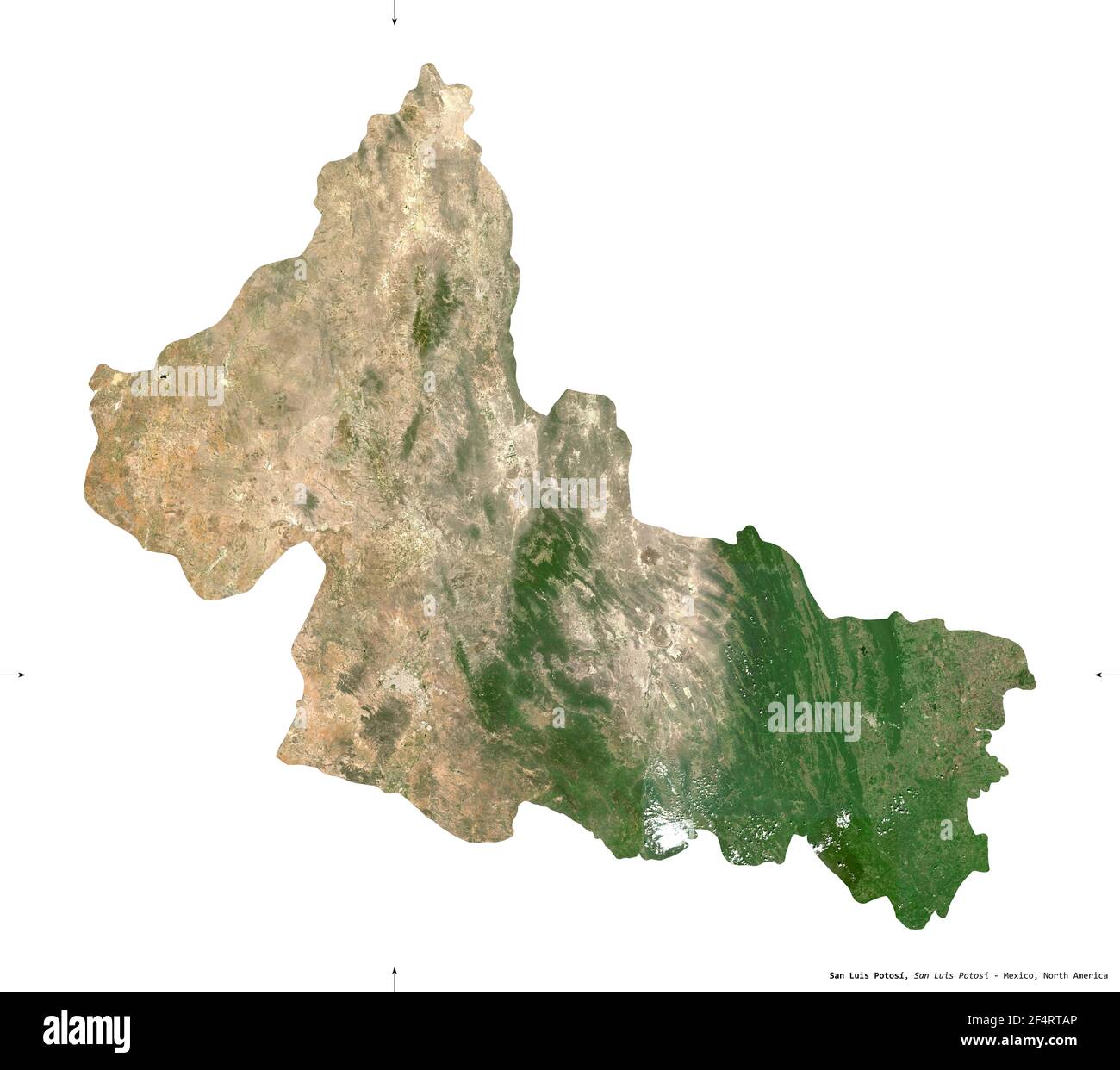 San Luis Potosi, state of Mexico. Sentinel-2 satellite imagery. Shape isolated on white. Description, location of the capital. Contains modified Coper Stock Photo
