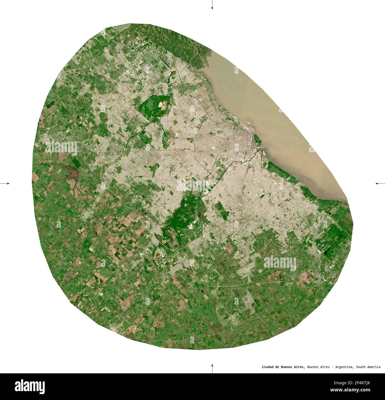 Ciudad de Buenos Aires, federal district of Argentina. Sentinel-2 satellite imagery. Shape isolated on white solid. Description, location of the capit Stock Photo