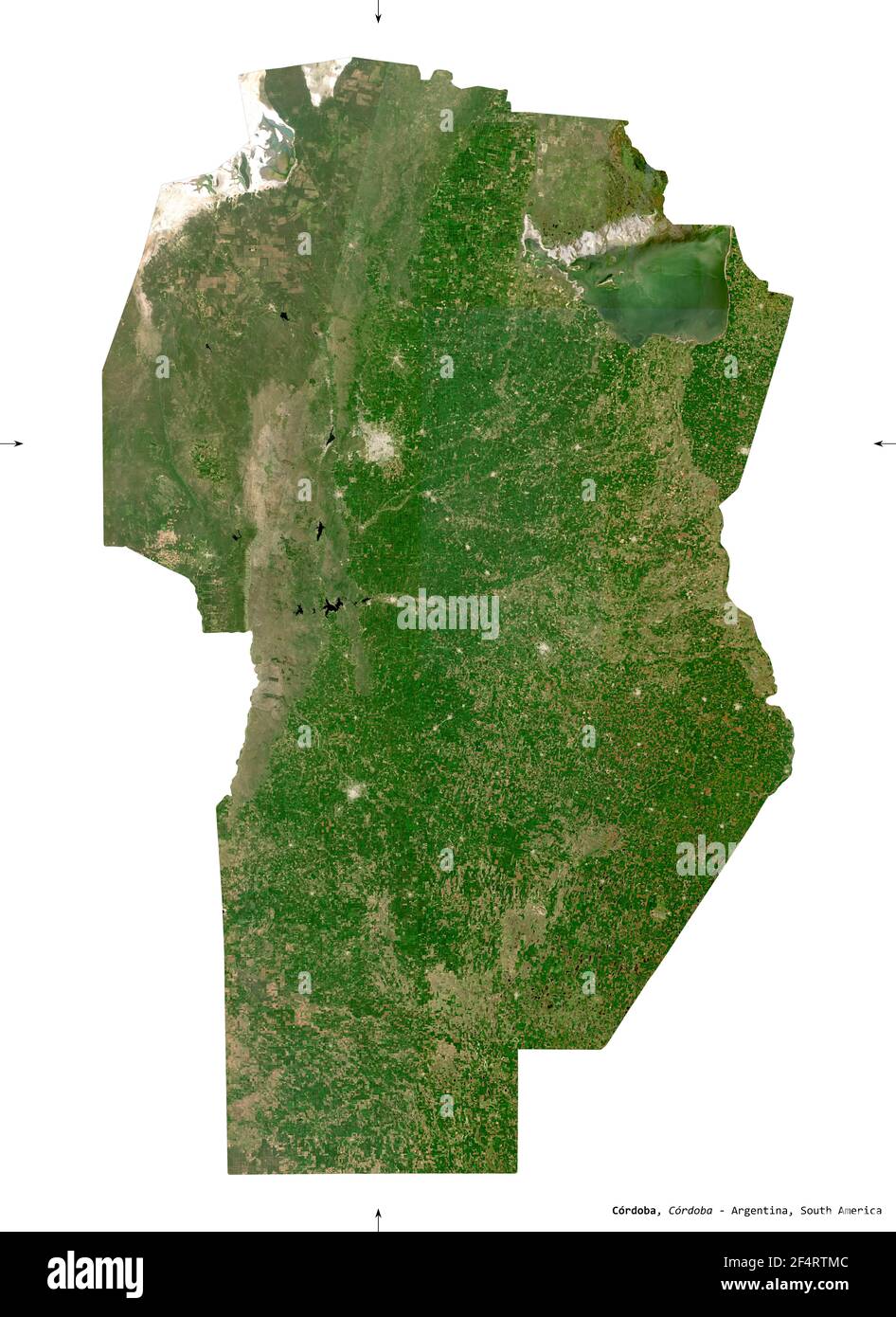 Cordoba, province of Argentina. Sentinel-2 satellite imagery. Shape isolated on white solid. Description, location of the capital. Contains modified C Stock Photo
