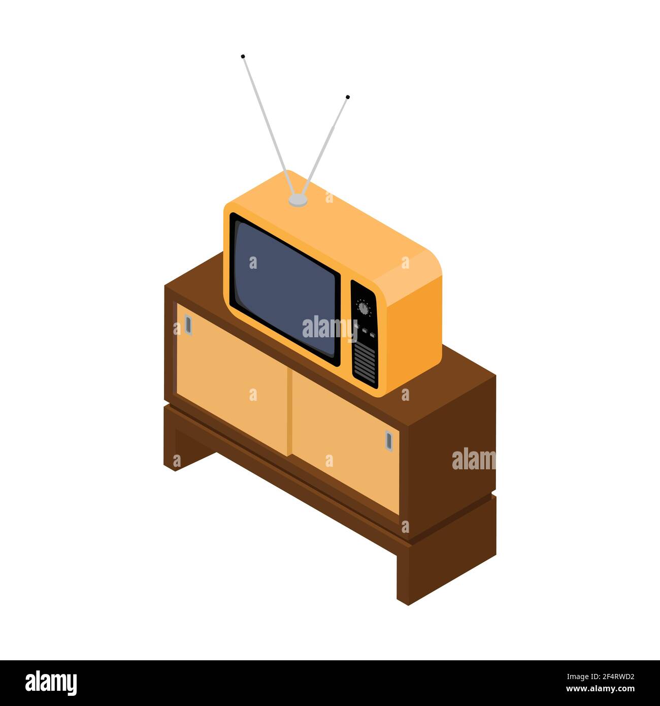 Retro old orange TV receiver on table isometric view. Isolated on white background. Vector Stock Vector