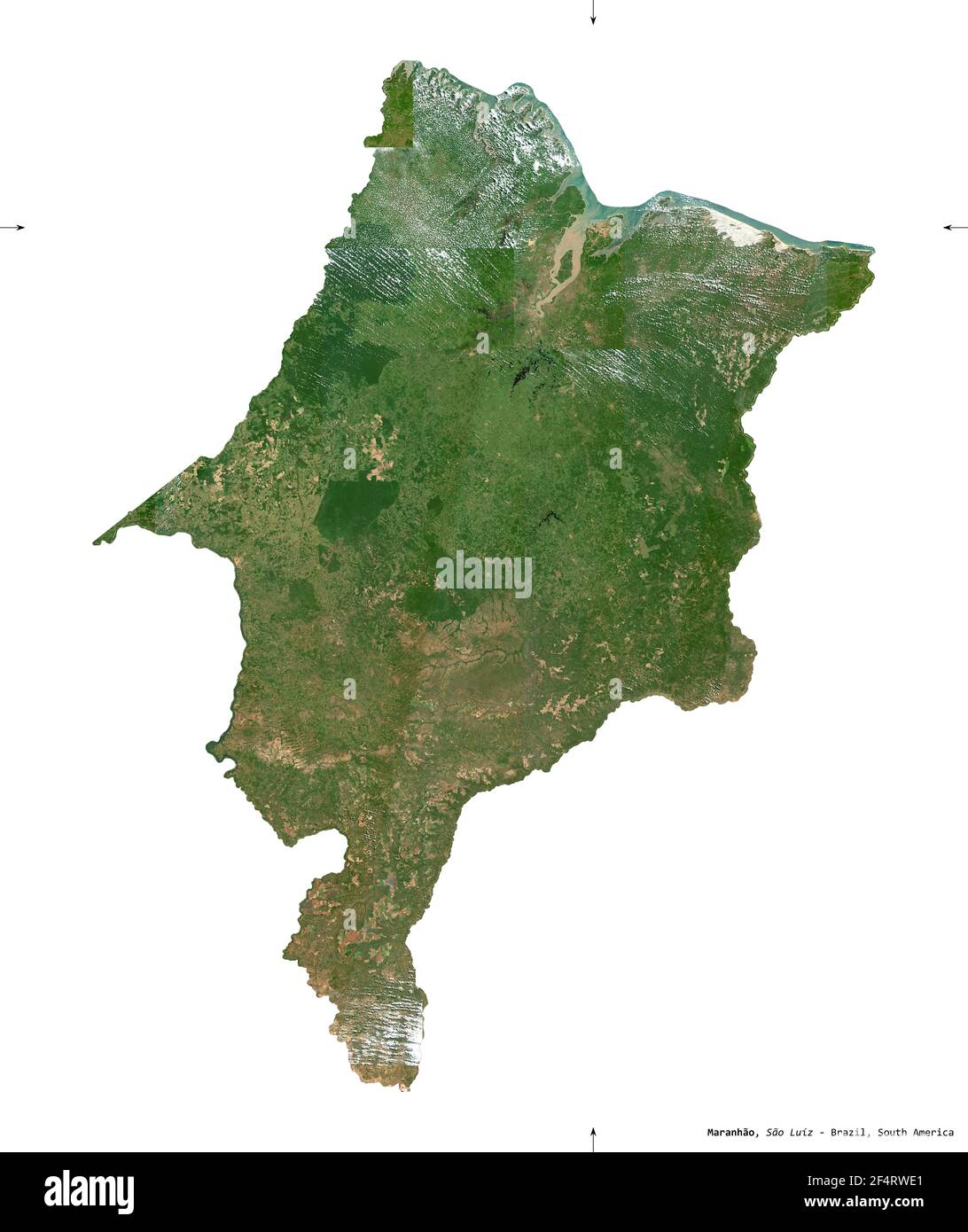 Maranhao, state of Brazil. Sentinel-2 satellite imagery. Shape isolated on white solid. Description, location of the capital. Contains modified Copern Stock Photo