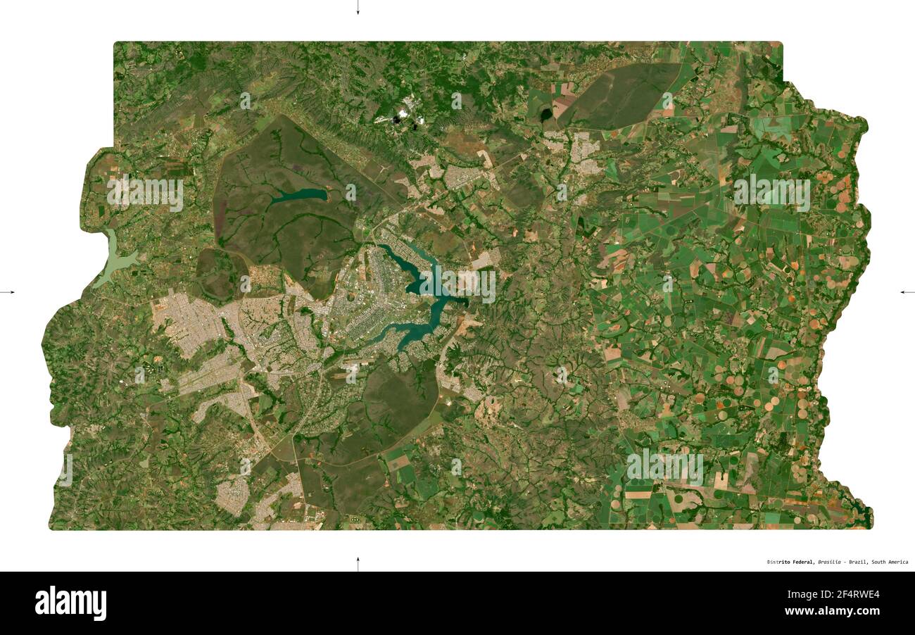 Distrito Federal, federal district of Brazil. Sentinel-2 satellite imagery. Shape isolated on white solid. Description, location of the capital. Conta Stock Photo