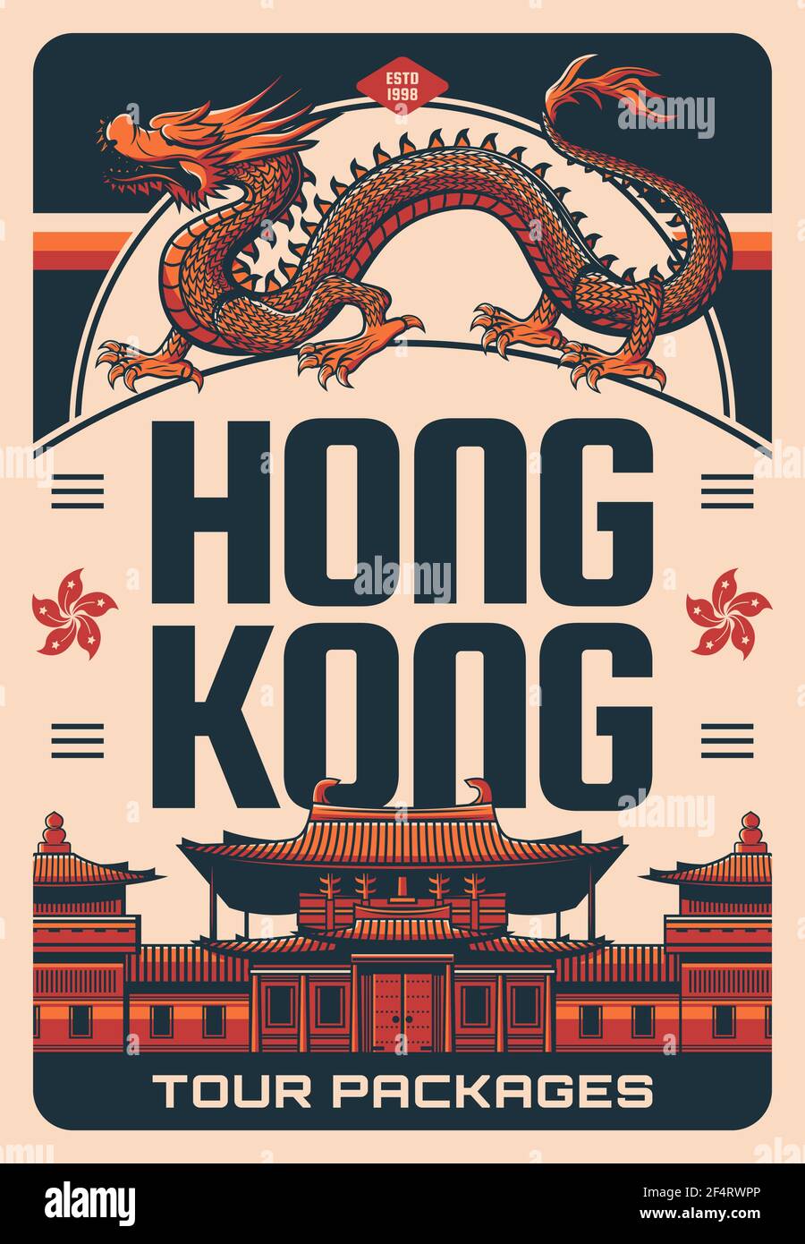 Hong Kong travel and sightseeing tours, Asian city landmarks, vector