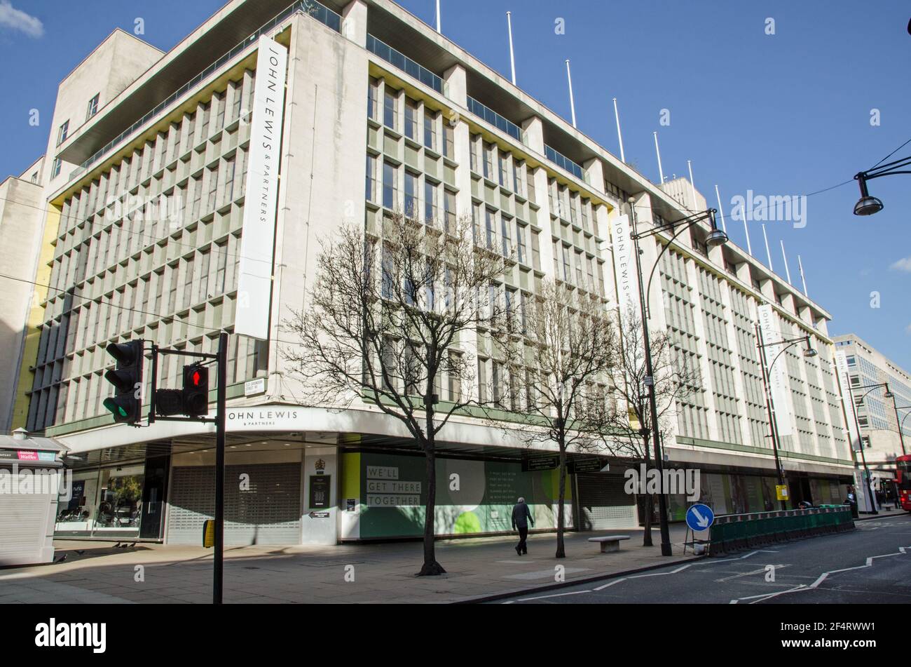 London, UK - February 26, 2021: The flagship department store of the John Lewis chain on Oxford Street, central London.  Closed due to COVID-19 lockdo Stock Photo