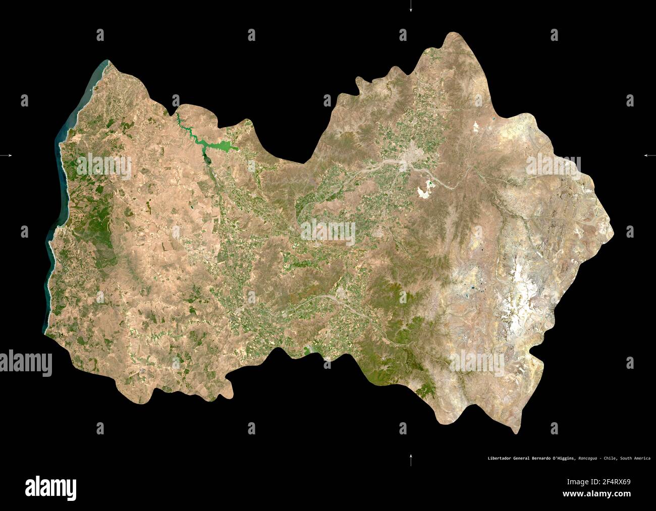 Libertador General Bernardo O'Higgins, region of Chile. Sentinel-2 satellite imagery. Shape isolated on black. Description, location of the capital. C Stock Photo