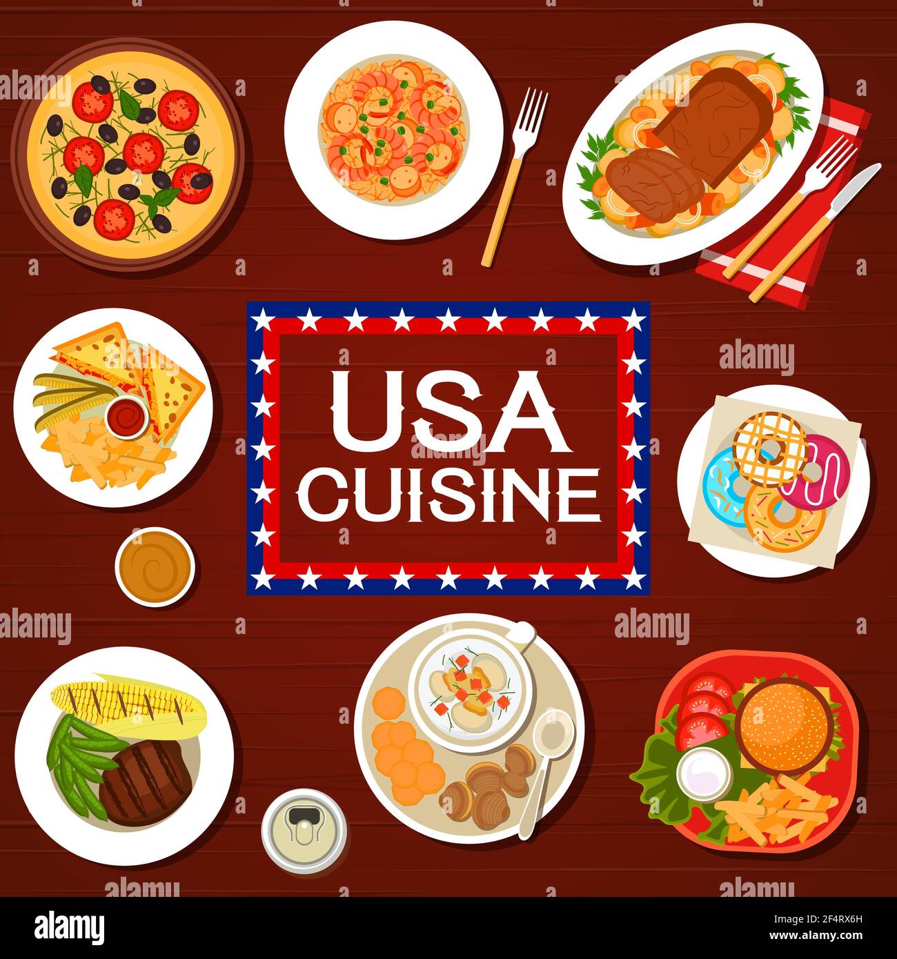 USA cuisine food menu, American dishes and meals traditional restaurant  lunch and dinner, vector poster. US American food menu of sandwich with  french Stock Vector Image & Art - Alamy