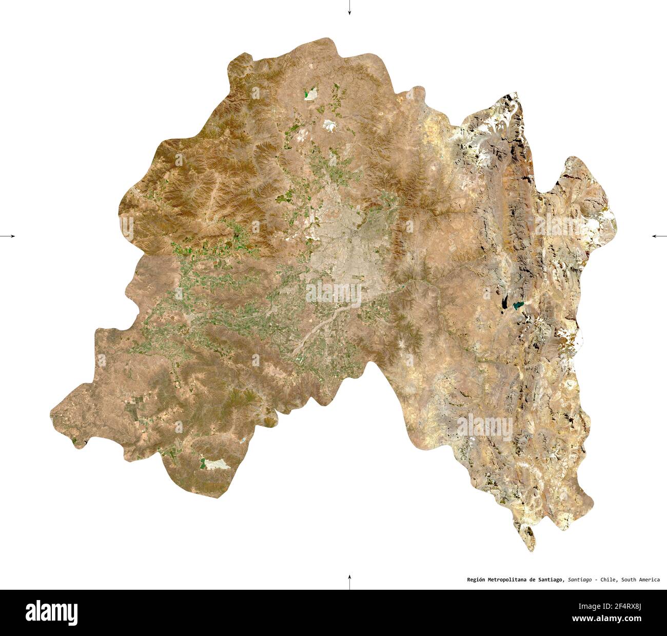 Region Metropolitana de Santiago, region of Chile. Sentinel-2 satellite imagery. Shape isolated on white solid. Description, location of the capital. Stock Photo