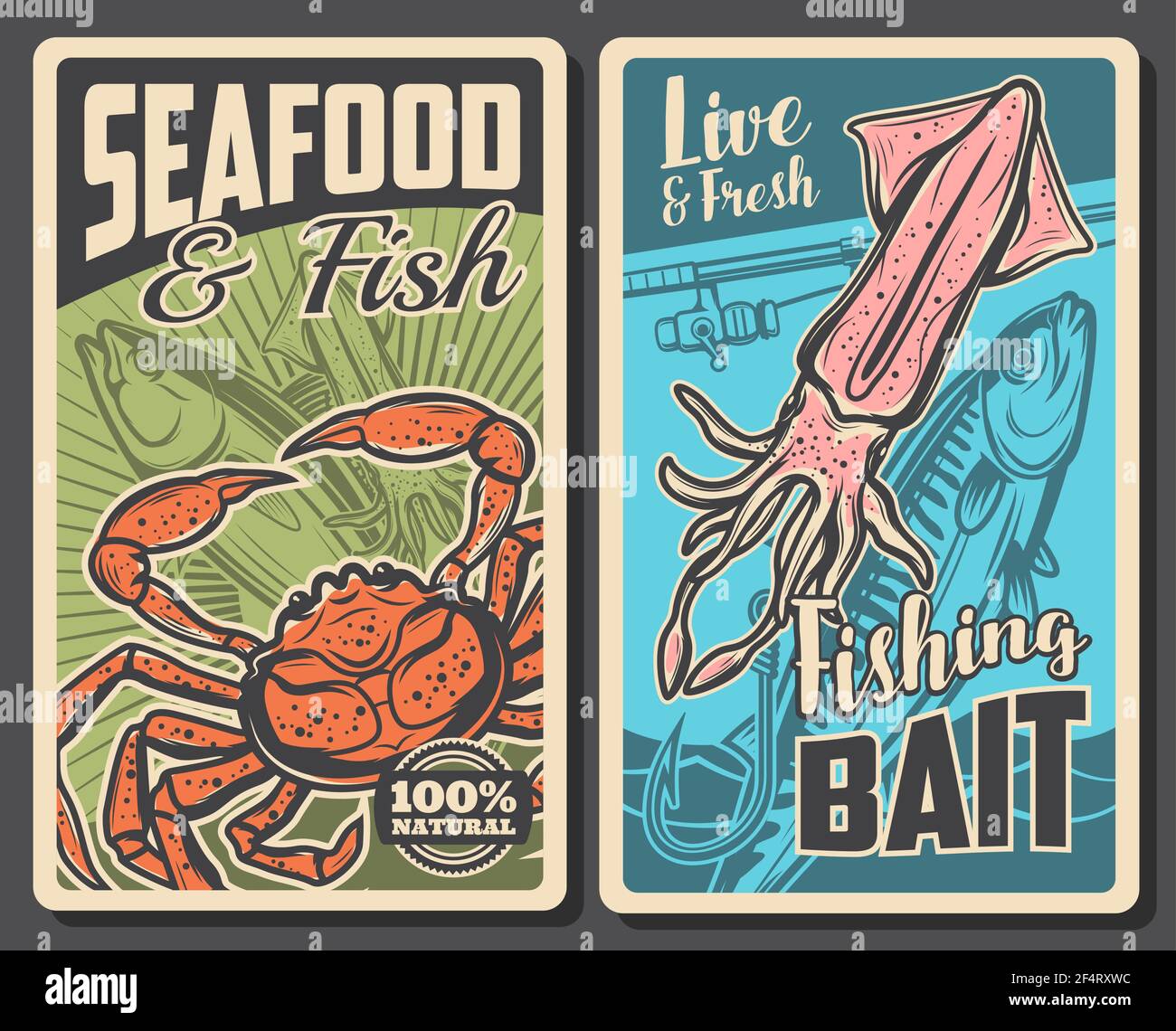 Seafood and fishing bait store banner. Fresh tuna and mackerel