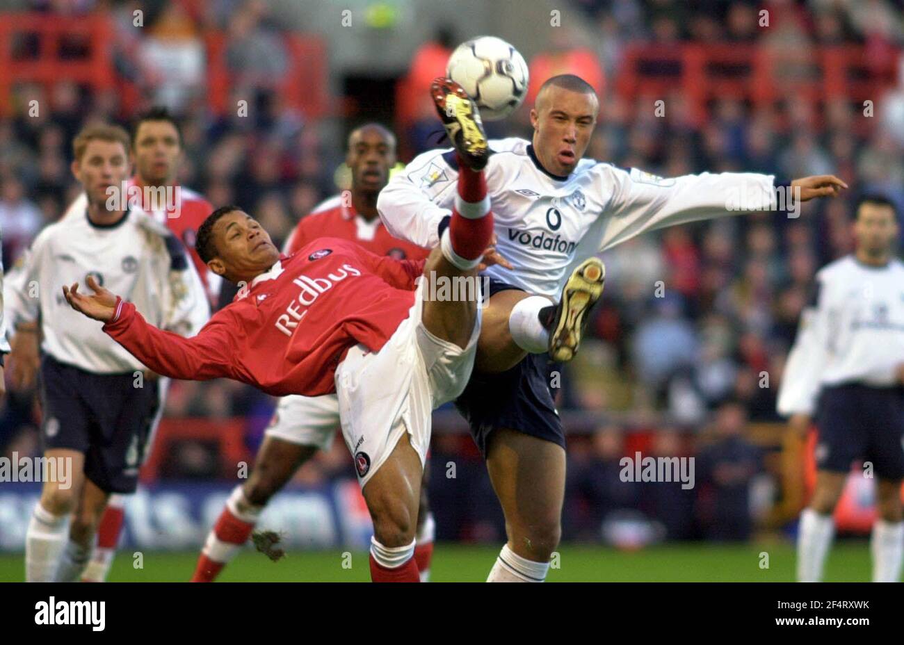 Charlton Athletic's Martin Pringle December 2000  clashes with during Mikael Silvestre  FA Carling Premiership match against Manchester United at The Valley, London Stock Photo