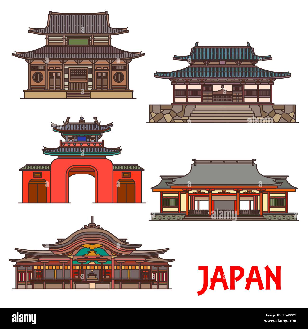 Japan, temples and shrines architecture, Japanese Buddhist landmarks, vector buildings. Dazaifu Temmangu temple in Fukuoka, Sofuku-ji temple gates in Stock Vector