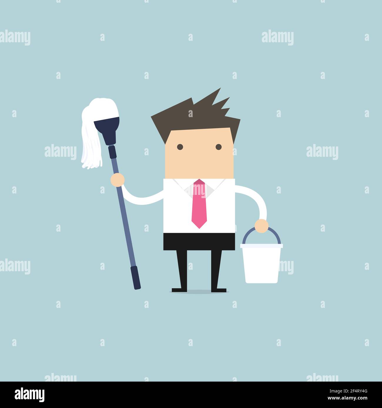 Businessman holding mop and bucket. Cleaning the workplace concept