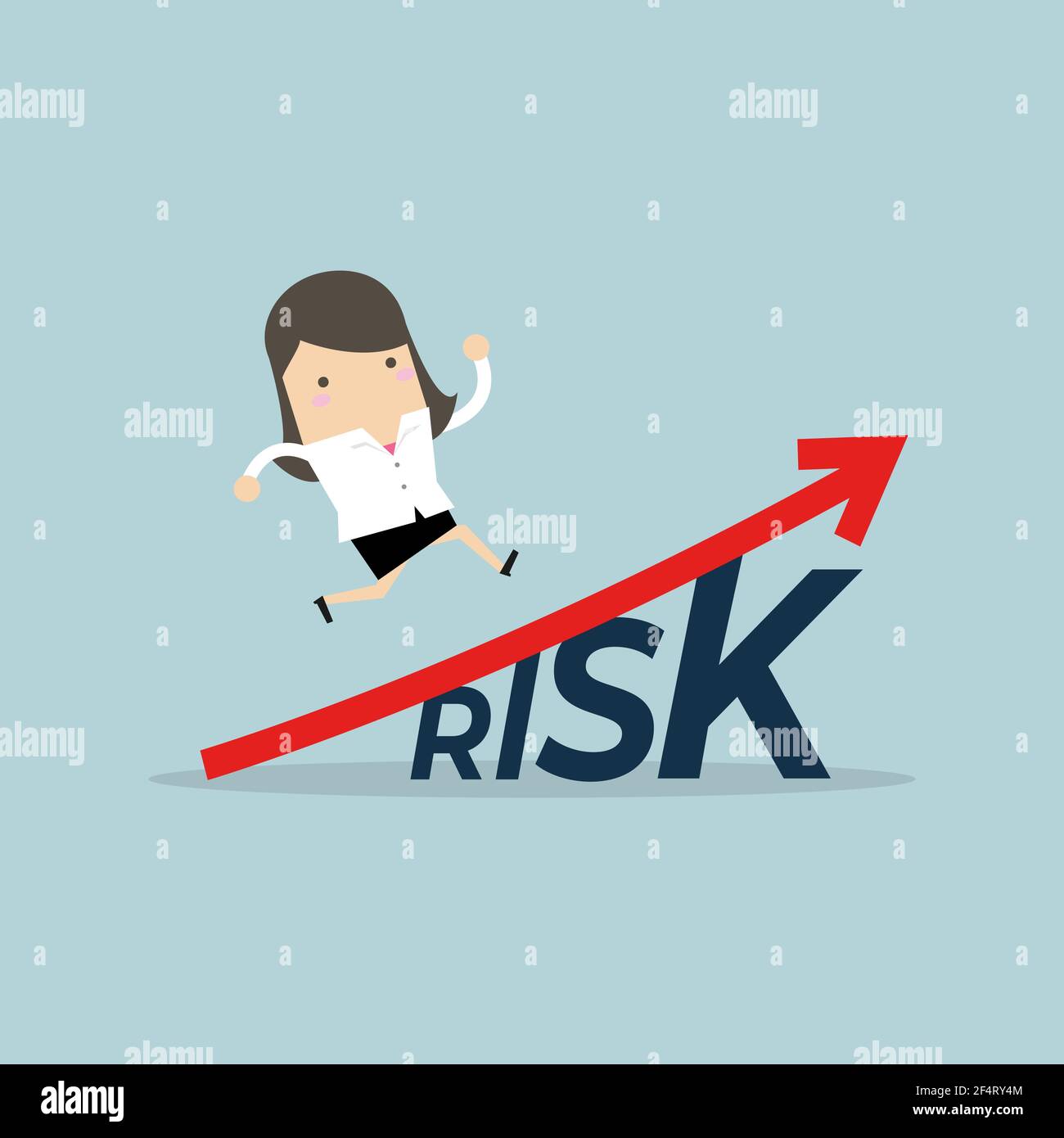 Businesswoman walking on grow up stock market graph above the word Risk. Stock Vector