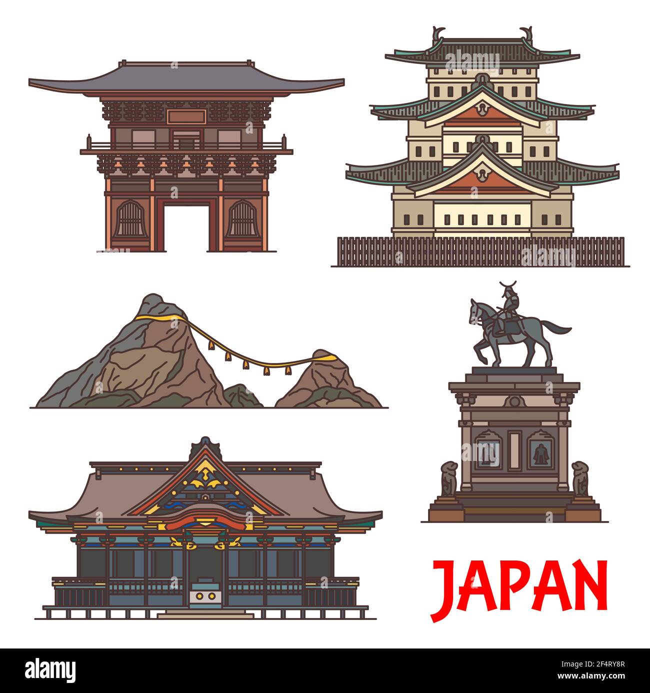 Japan architecture landmarks, temples and Japanese buildings, vector. Japan travel shrines and pagoda houses, Tosho-ji temple, Masamune riding statue Stock Vector