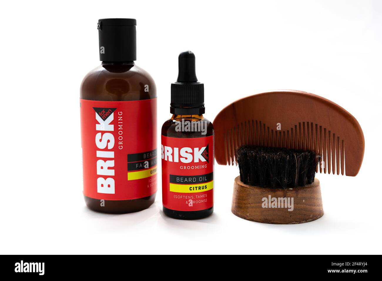 Woodbridge, Suffolk, UK March 10 2021: A selection of beard grooming products from Brisk Stock Photo