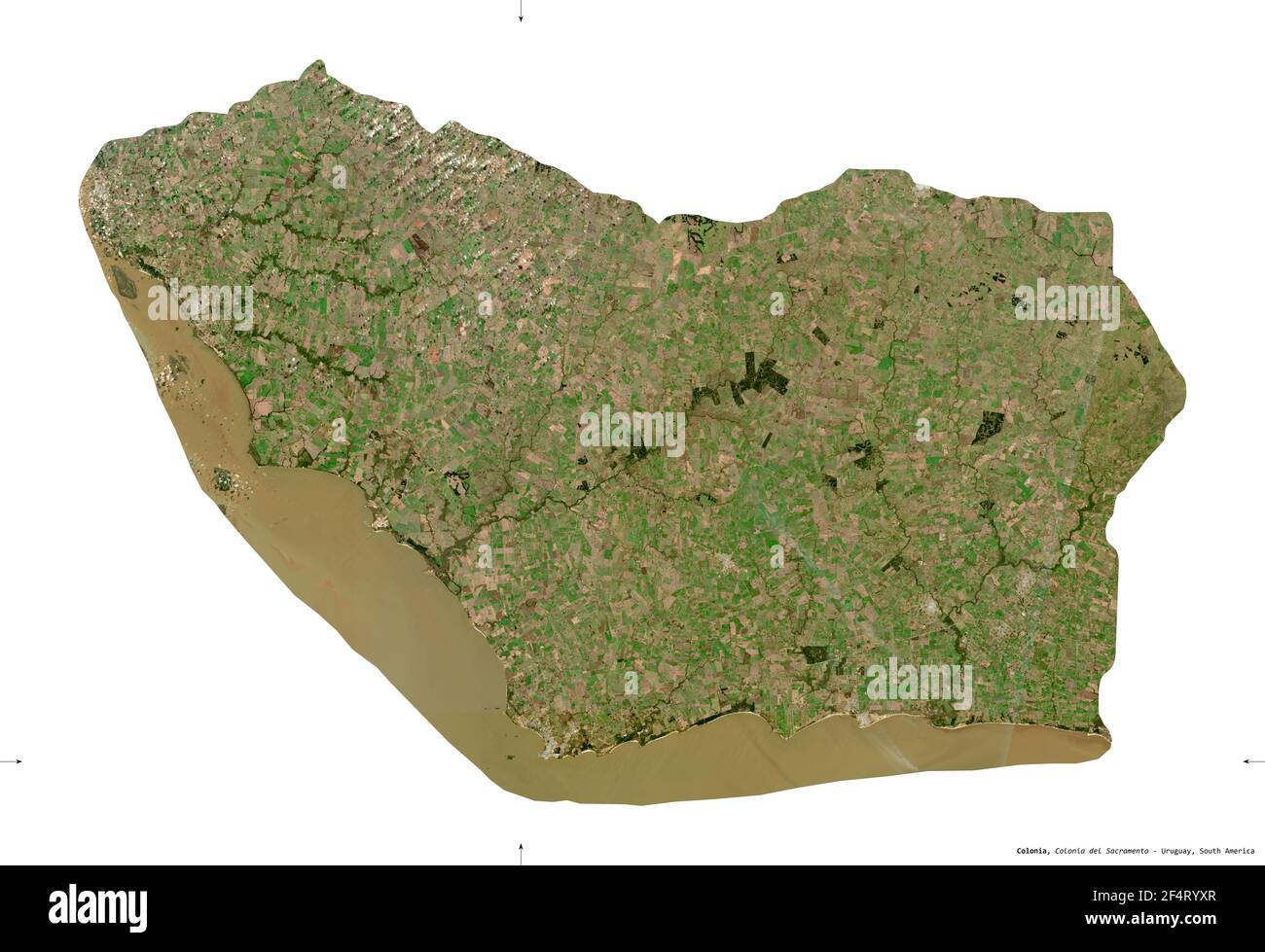 Colonia, department of Uruguay. Sentinel-2 satellite imagery. Shape isolated on white. Description, location of the capital. Contains modified Coperni Stock Photo