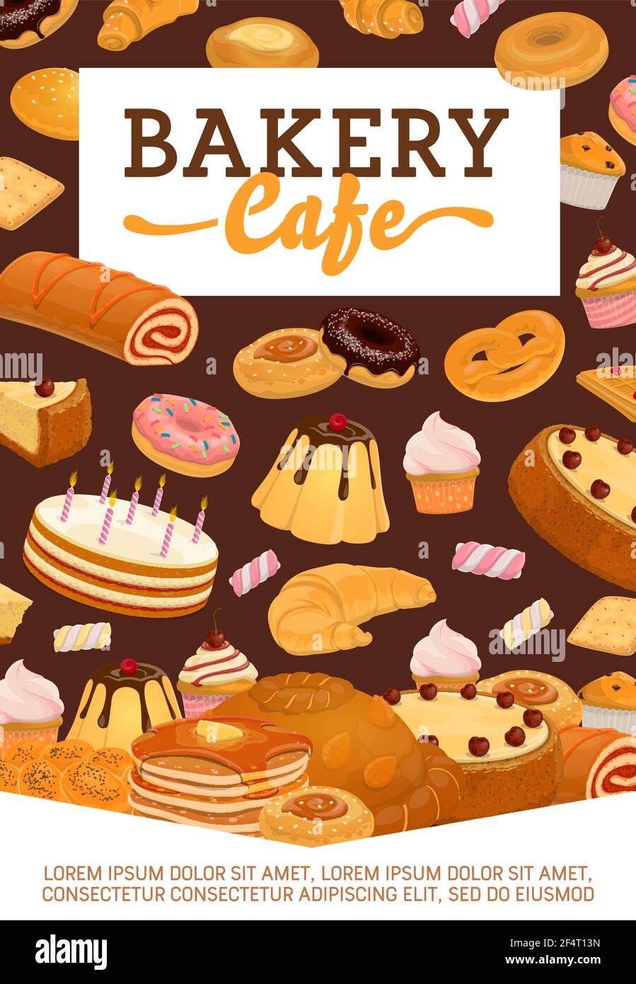 Bakery shop, cafe pastry and desserts poster. Cake and pudding, donuts