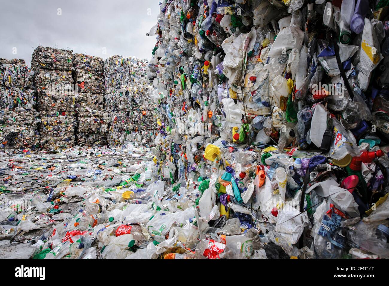 Bales of plastic waste at a materials recycling facility in the UK. Stock Photo